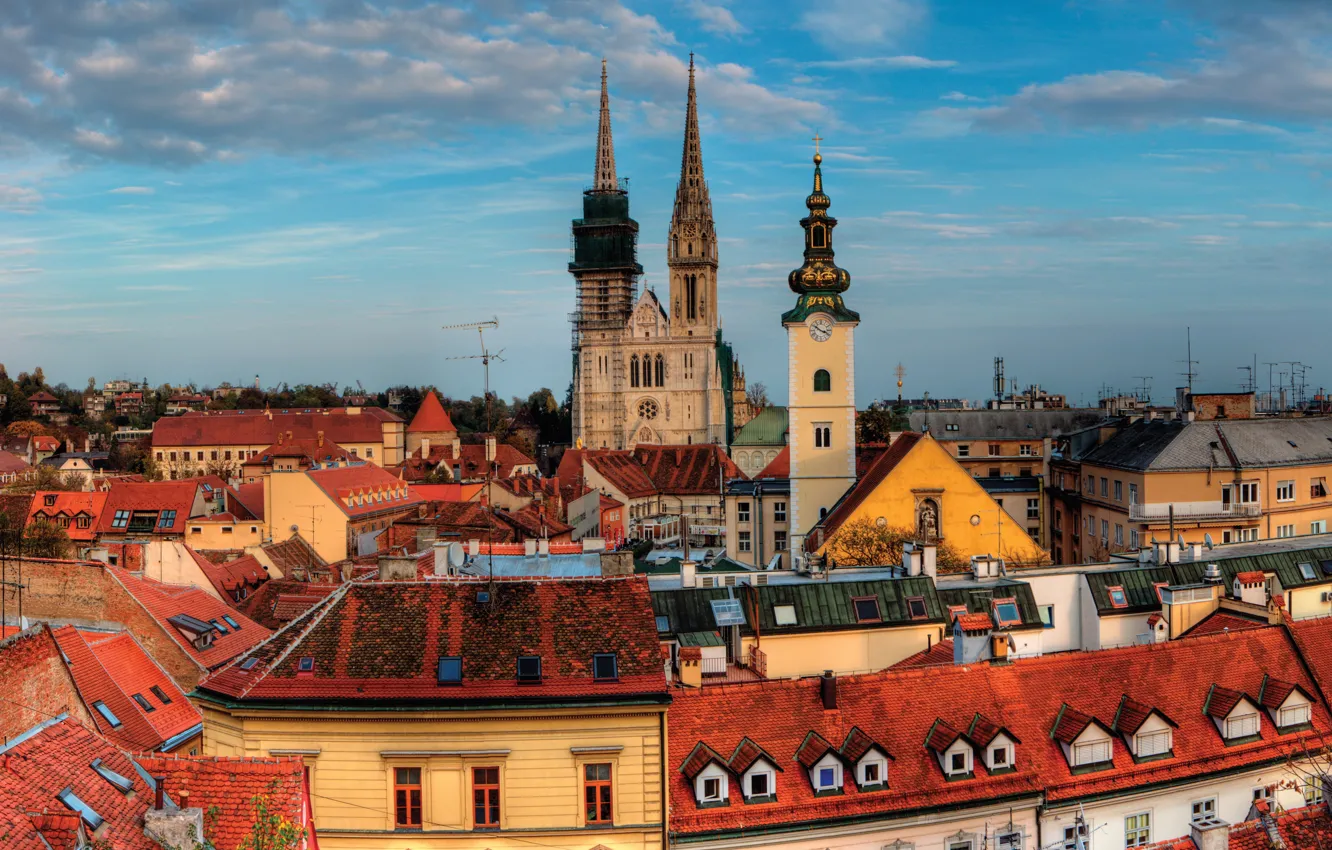 Photo wallpaper roof, the sky, clouds, old, the city, blue, watch, view