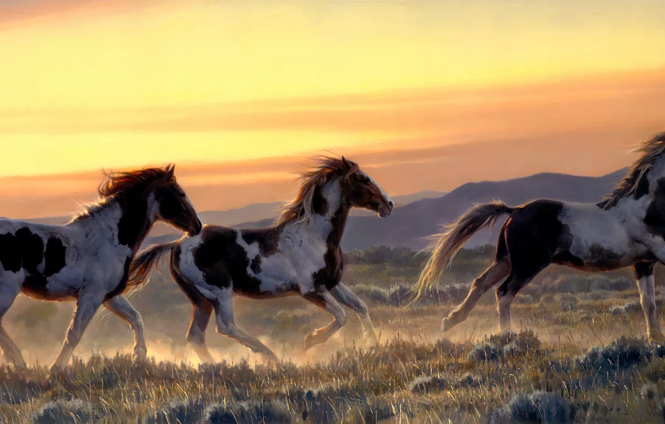 Photo wallpaper field, the sky, mountains, dawn, hills, figure, graphics, horses