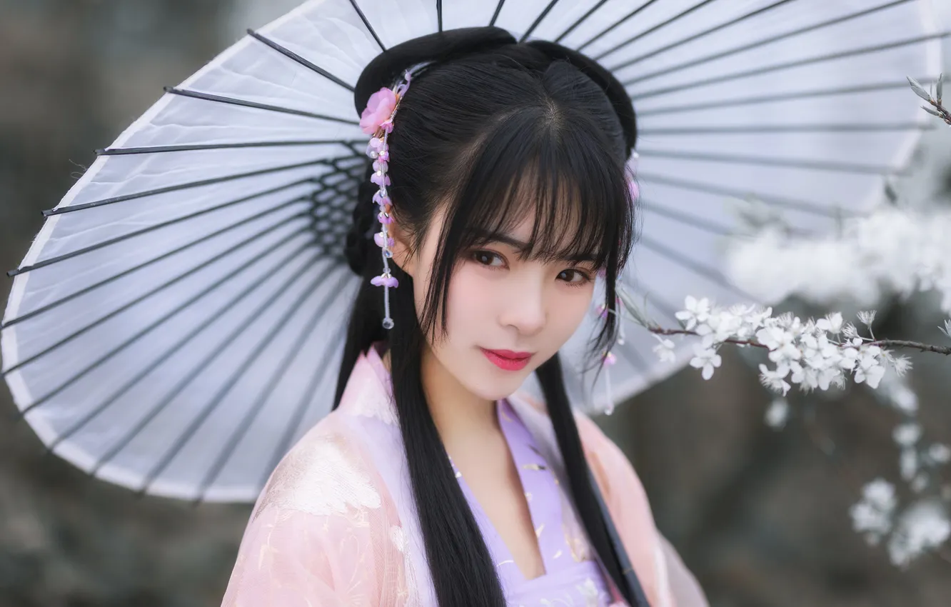 Photo wallpaper flowers, branches, pose, model, portrait, umbrella, makeup, garden