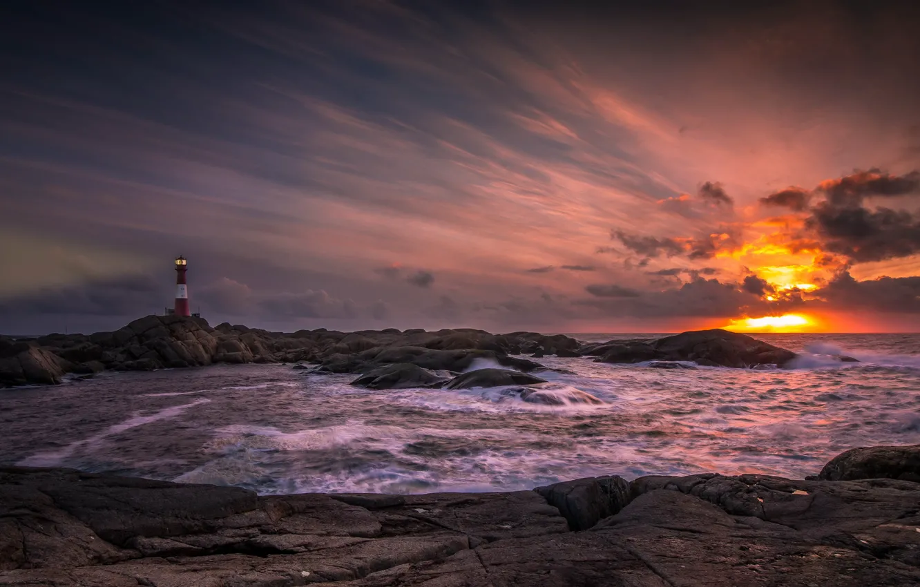 Photo wallpaper sea, sunset, lighthouse, the evening
