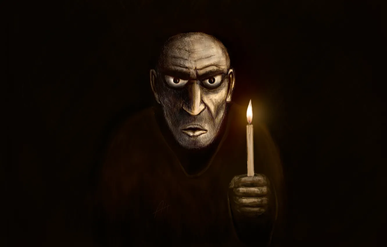 Photo wallpaper the horror in the eyes, holding a candle, obscurantist