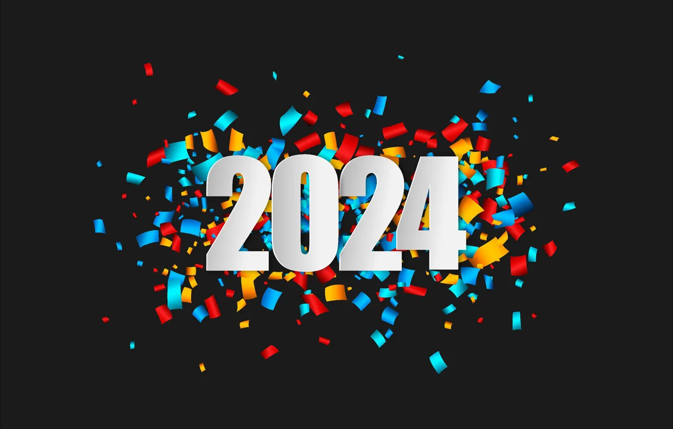 Photo wallpaper new year, figures, white, black background, placer, colorful, date, confetti