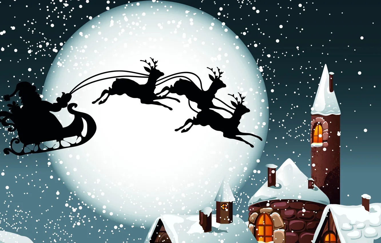 Photo wallpaper snow, the moon, roof, gifts, sleigh, Santa Claus, deer, new year's eve