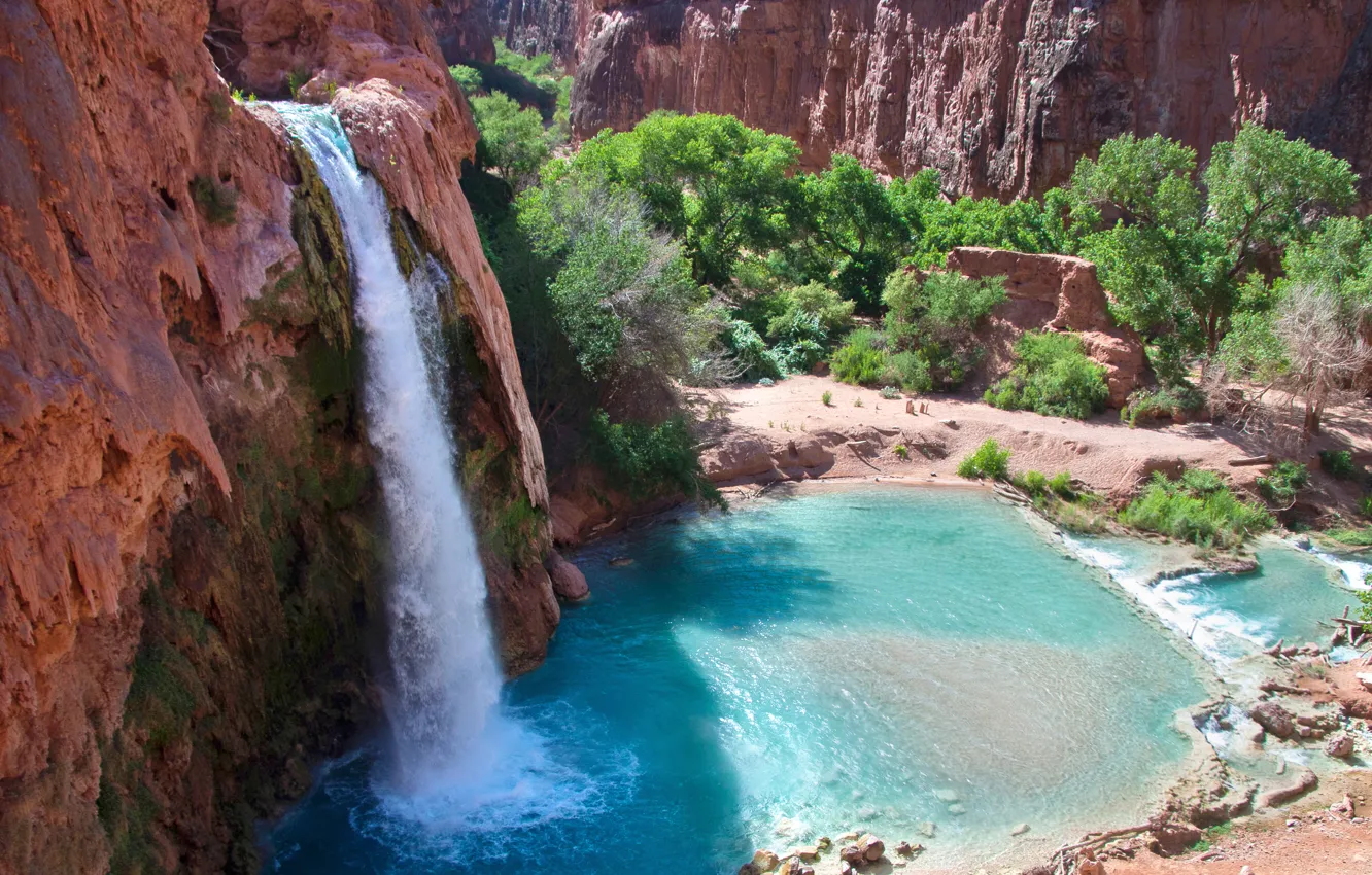 Photo wallpaper lake, rocks, waterfall, AZ, light, Arizona, havasu falls, HAVASUPAI