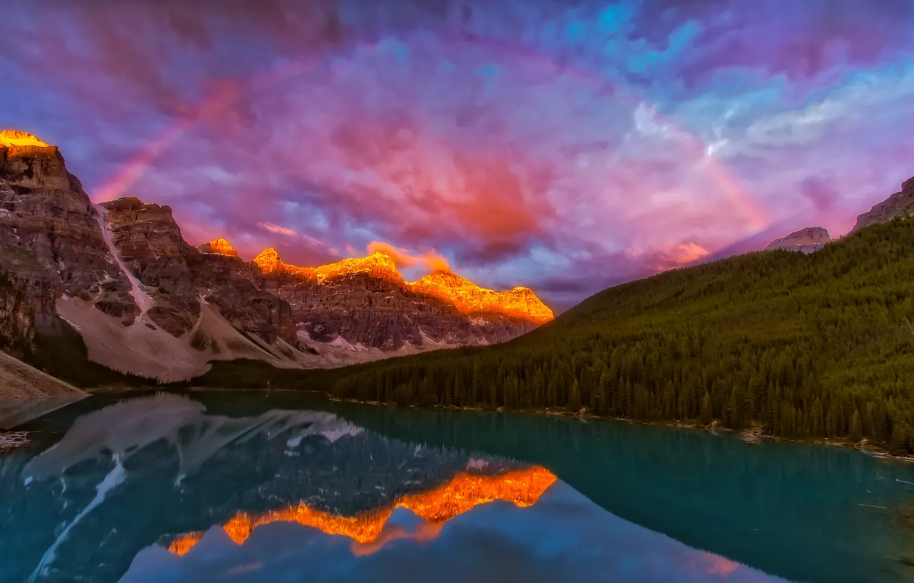 Photo wallpaper landscape, sunset, mountains, nature, lake, rainbow, Canada, Albert
