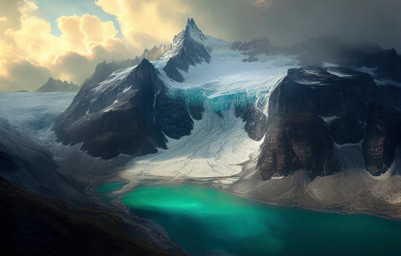 Photo wallpaper winter, clouds, snow, landscape, mountains, nature, lake, rendering