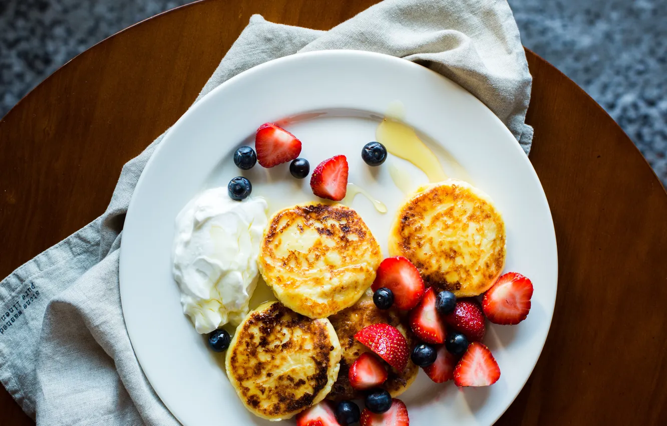 Photo wallpaper berries, table, food, towel, blueberries, strawberry, plate, sour cream