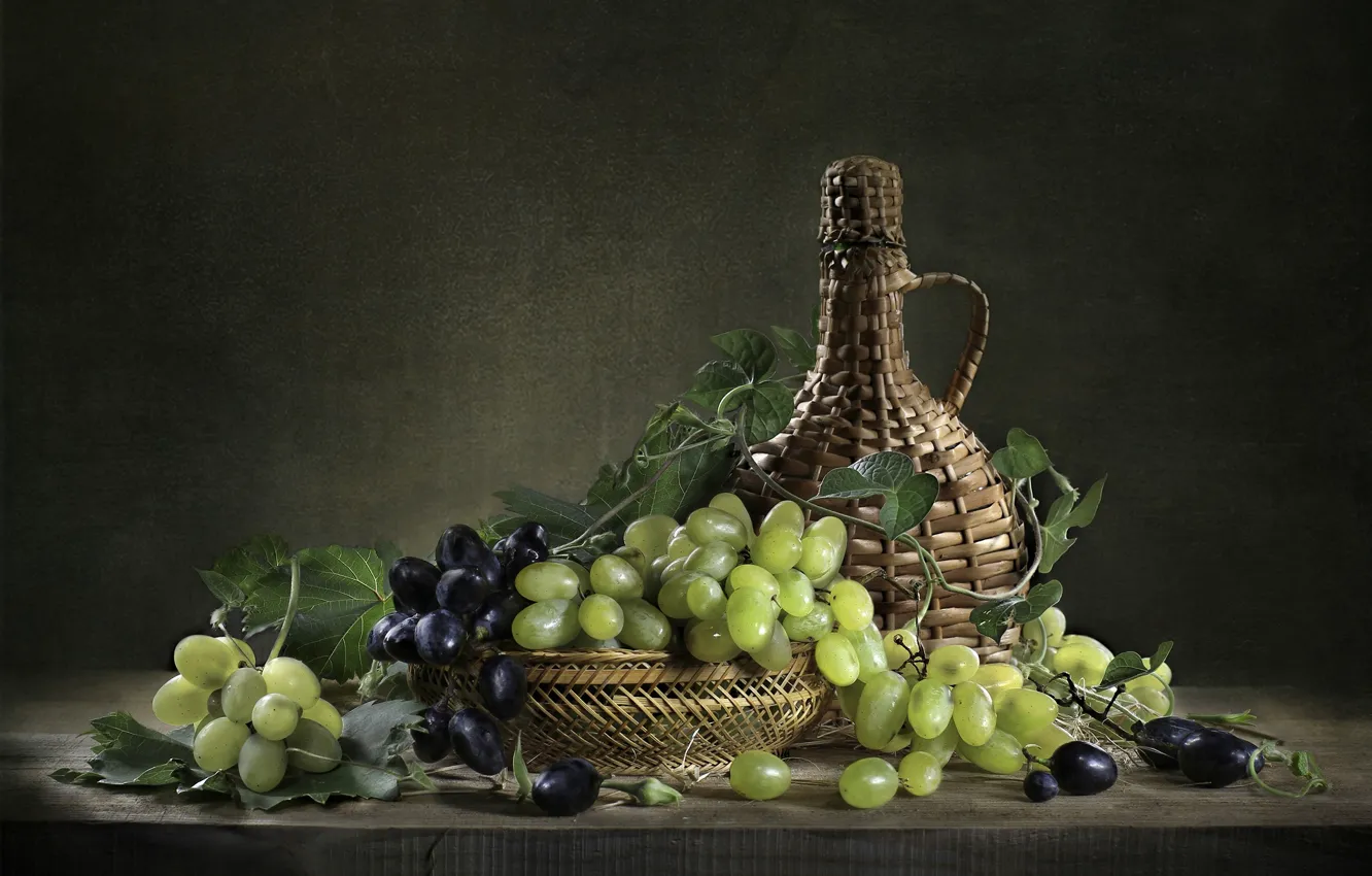 Photo wallpaper bottle, grapes, still life