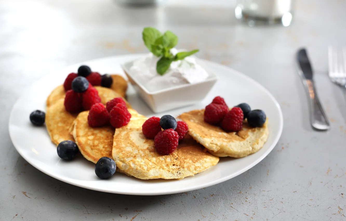 Photo wallpaper berries, Breakfast, sour cream, pancakes
