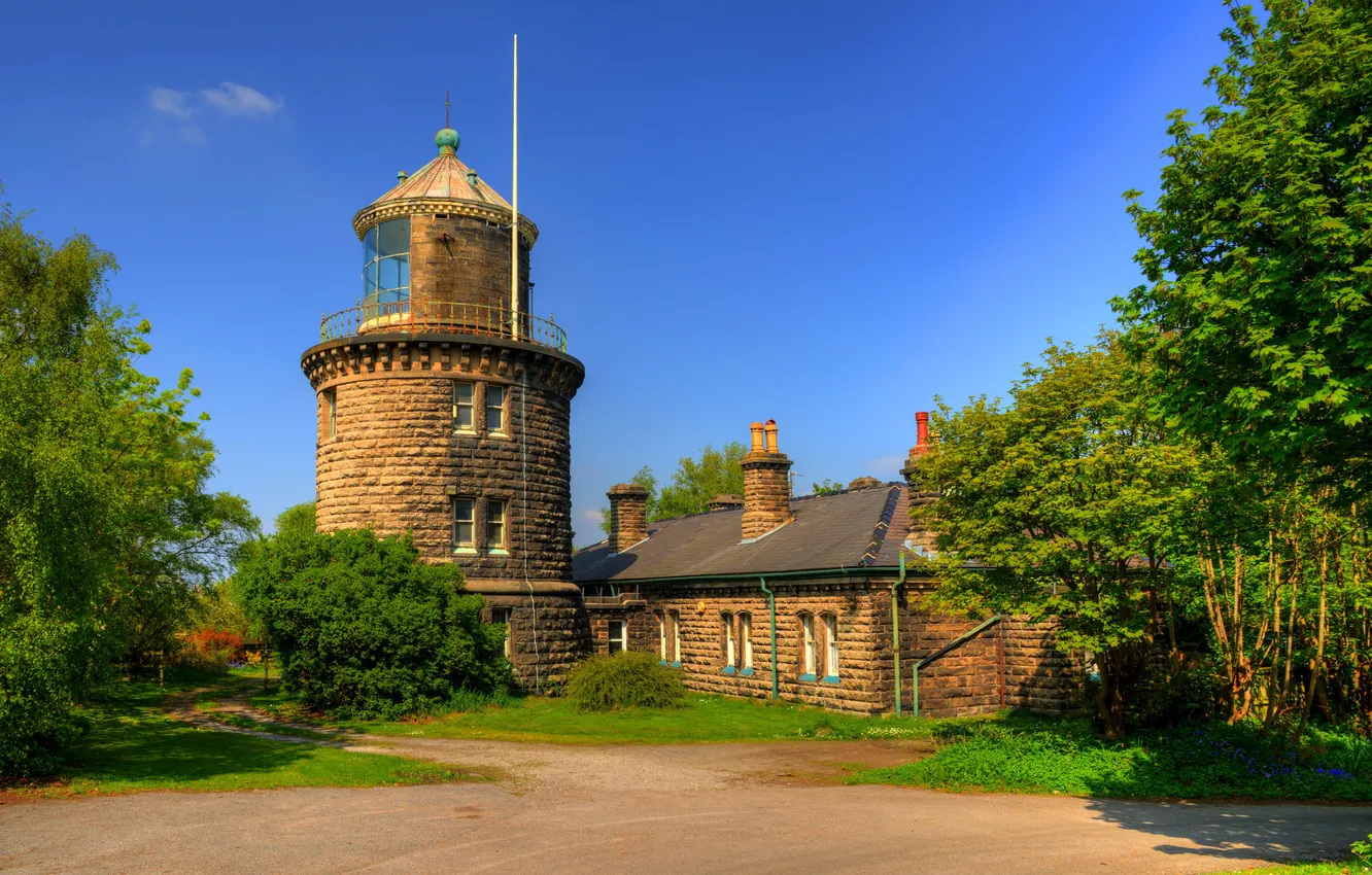 Photo wallpaper greens, summer, the sun, trees, lighthouse, England, the bushes, Bidston Lighthouse
