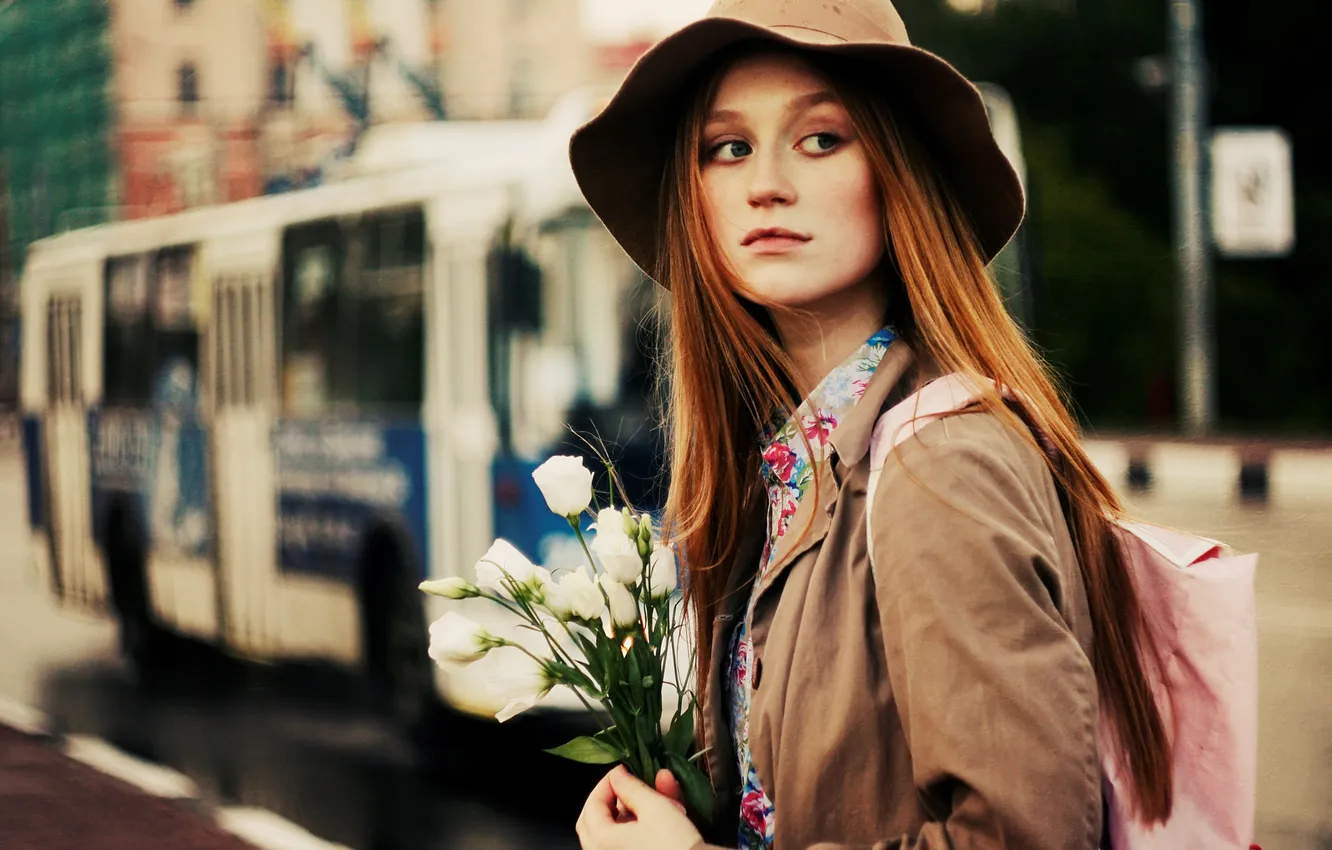 Photo wallpaper look, girl, flowers