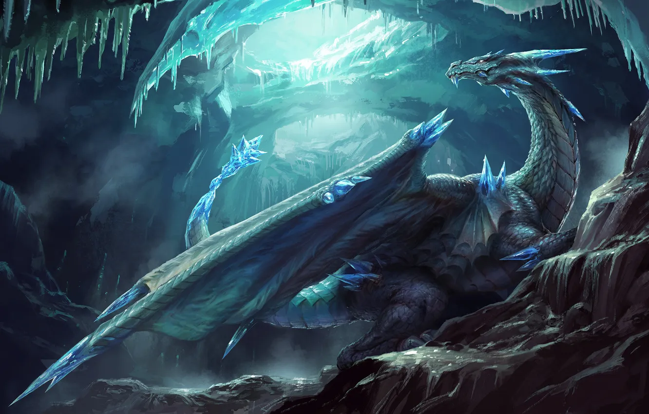 Photo wallpaper cold, ice, winter, fiction, dragon, wings, art, horns
