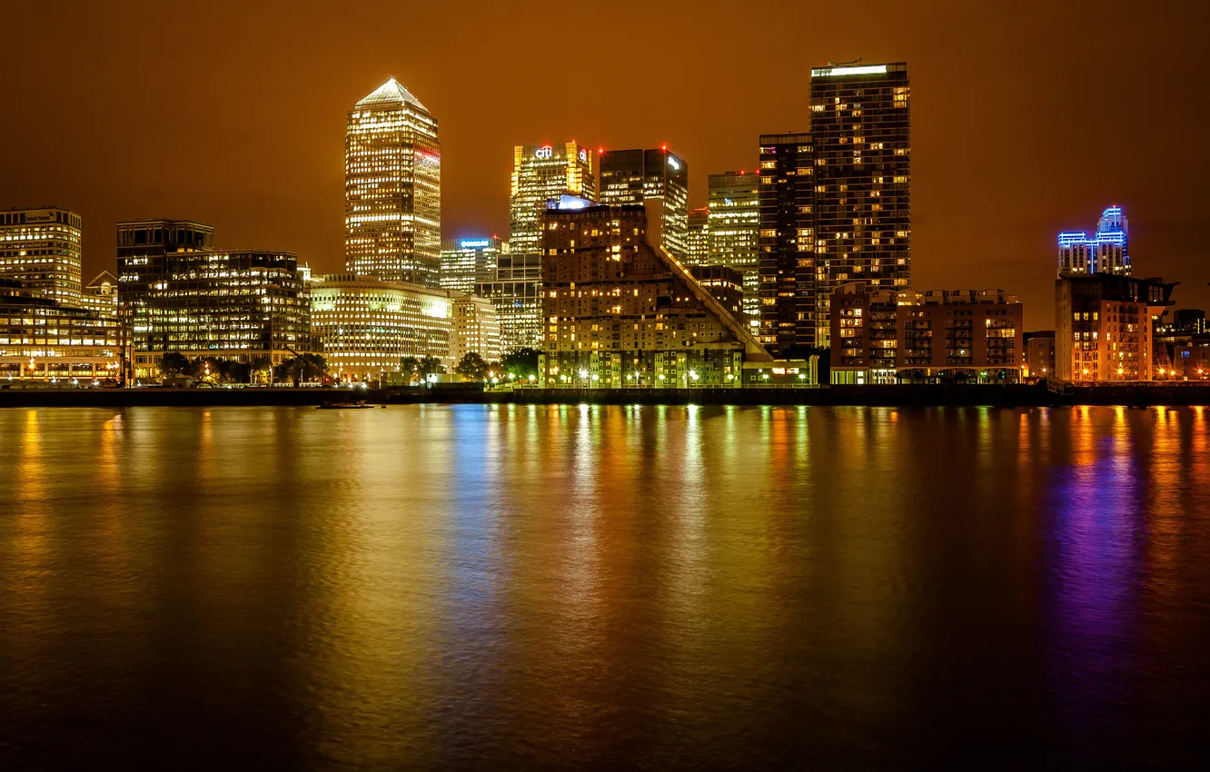 Photo wallpaper night, the city, river, England, London, building, skyscrapers, UK