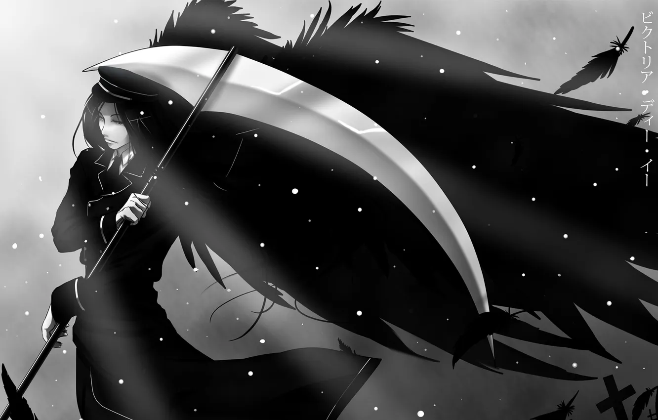 Photo wallpaper wings, cross, feathers, characters, braid, guy, monochrome