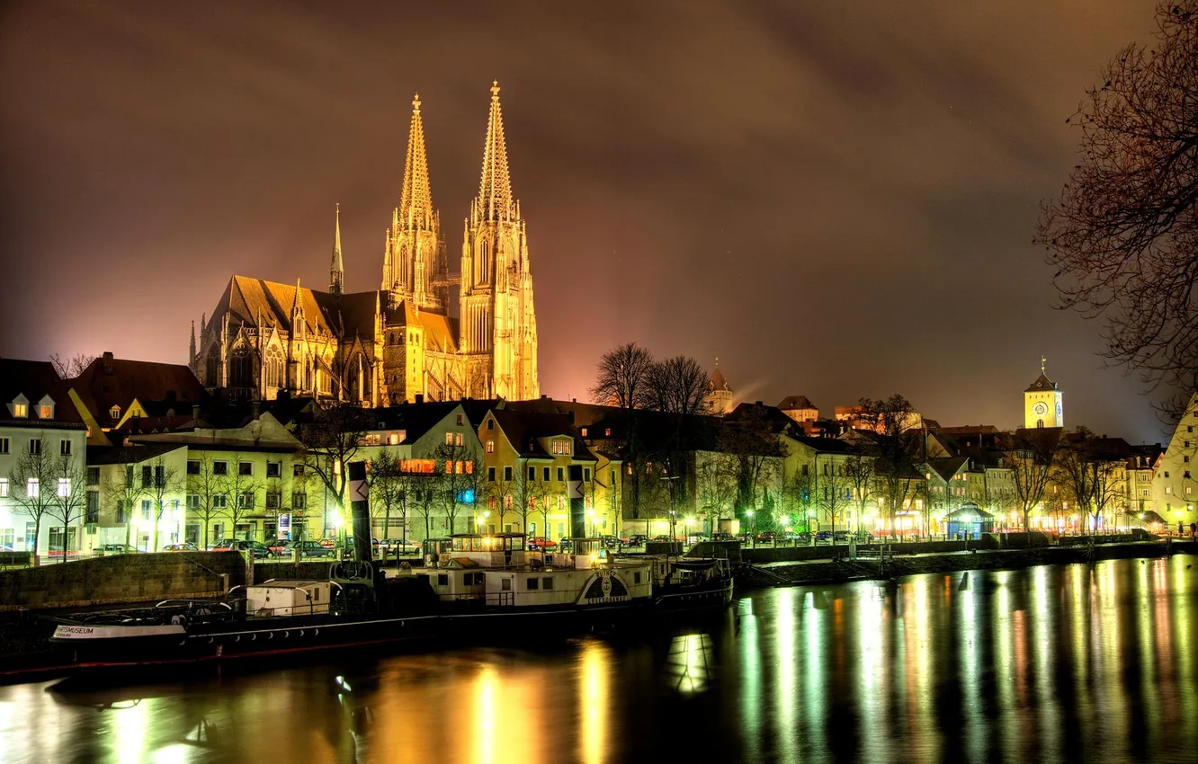 Photo wallpaper night, lights, river, home, Germany, Bayern, Regensburg, The Danube