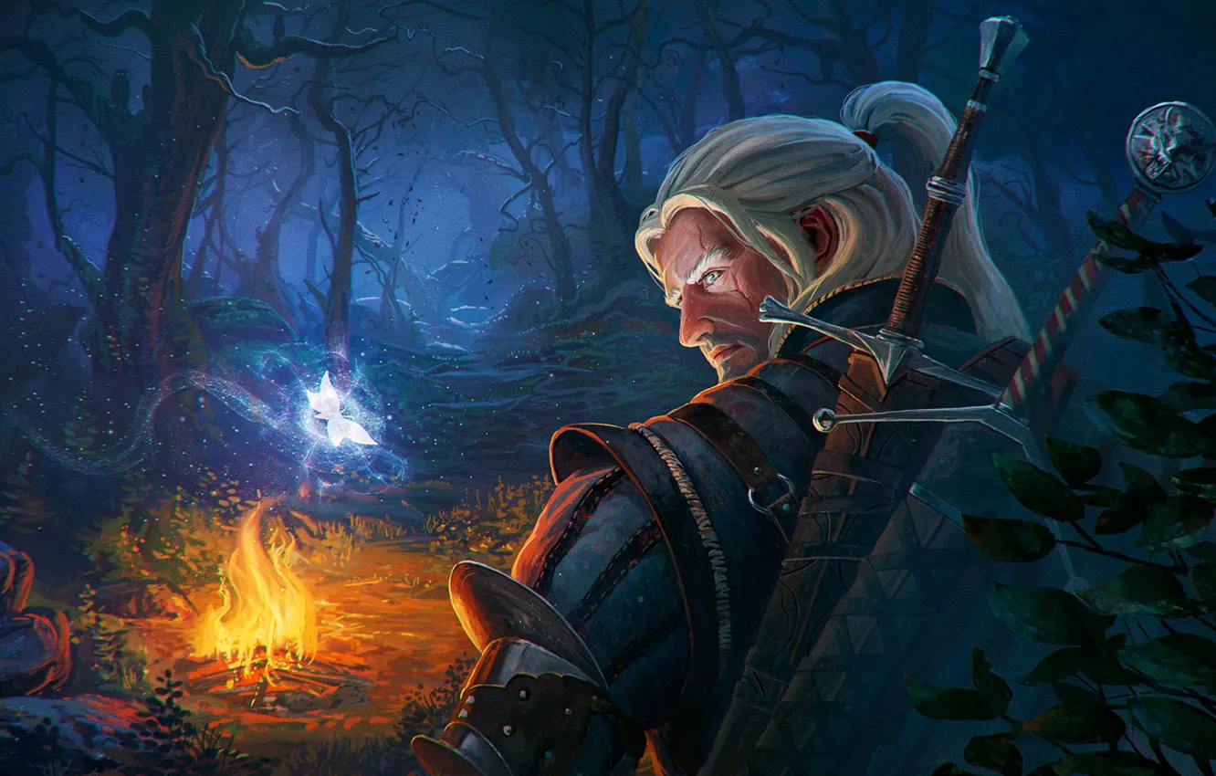 Photo wallpaper forest, night, the fire, rpg, witcher, The Witcher 3: Wild Hunt, Wild Hunt, Geralt