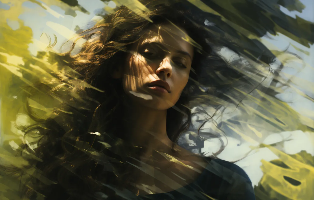 Photo wallpaper girl, face, hair, brown hair, digital art, AI art, The Art of Artificial Intelligence, neural …