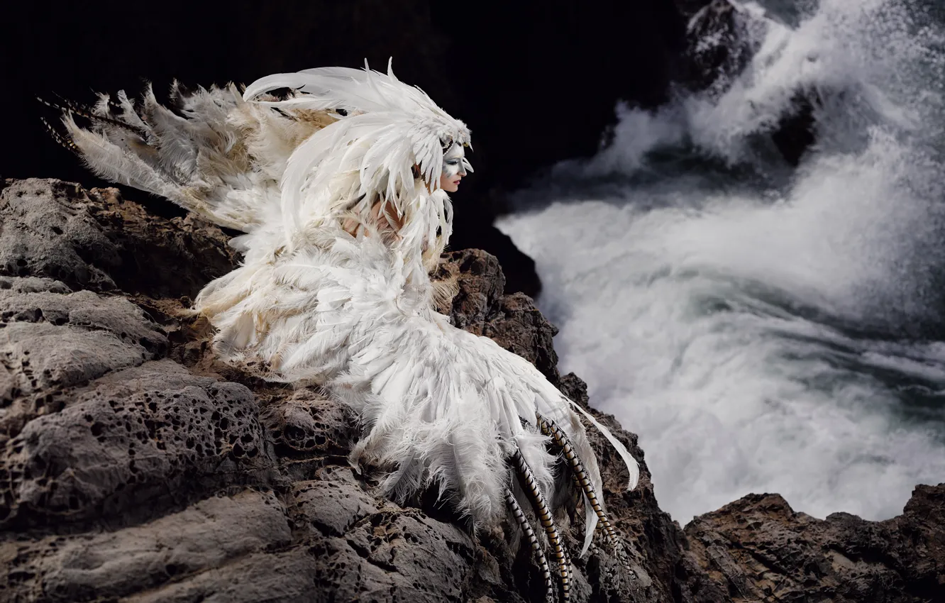 Photo wallpaper sea, girl, rocks, bird, feathers, costume, outfit