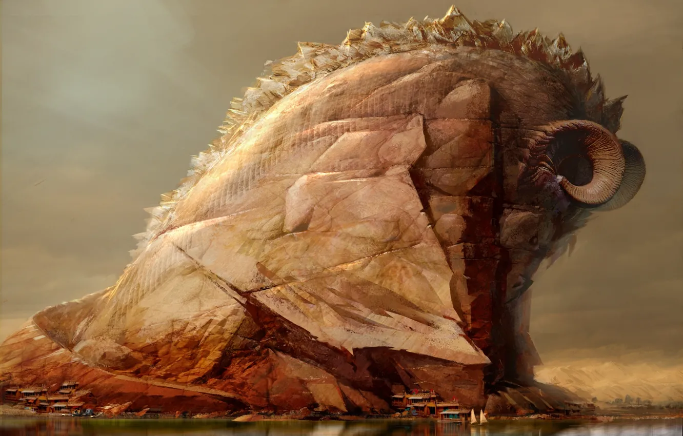 Photo wallpaper mountains, lake, reflection, dragon, home, yacht, art by Tinfoil