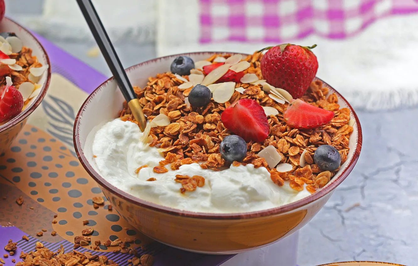 Photo wallpaper berries, food, Breakfast, blueberries, strawberry, oatmeal