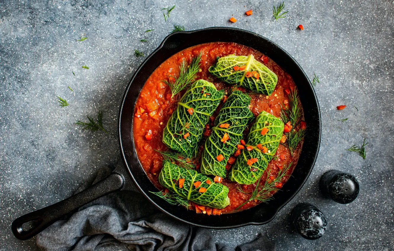 Photo wallpaper greens, food, fabric, pan, cabbage rolls