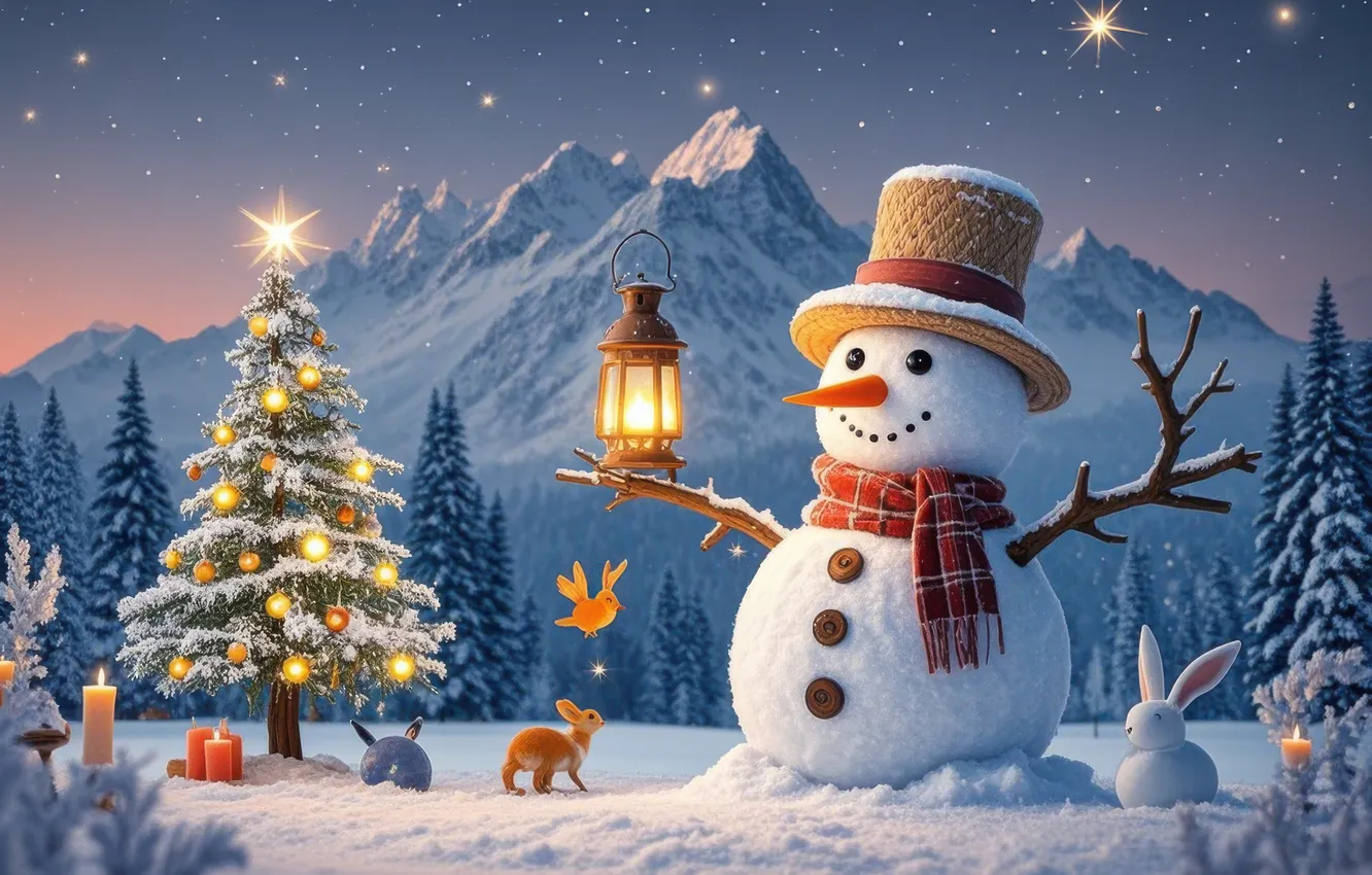 Photo wallpaper winter, field, forest, stars, balls, snow, mountains, new year