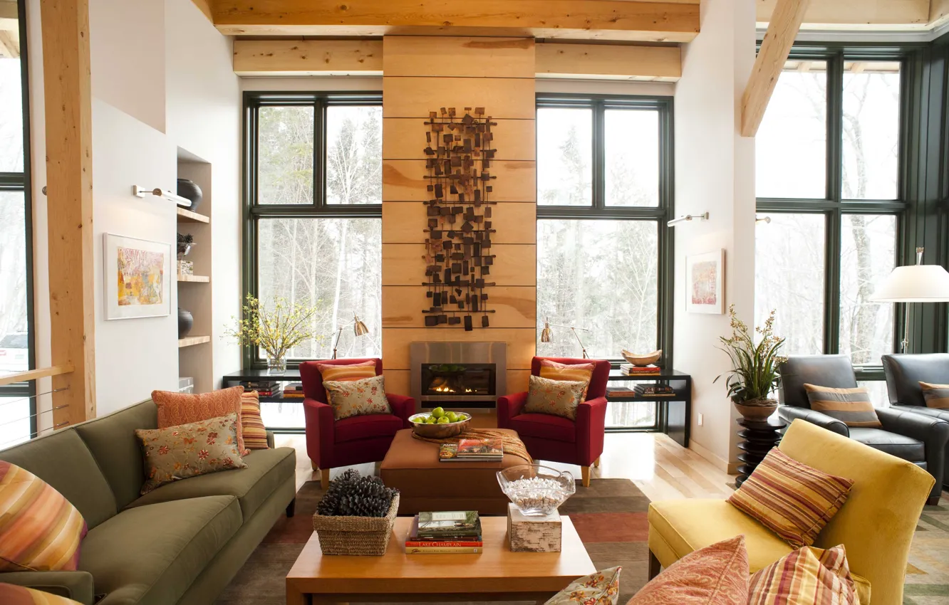 Photo wallpaper design, style, Villa, home, interior, fireplace, cottage, living room