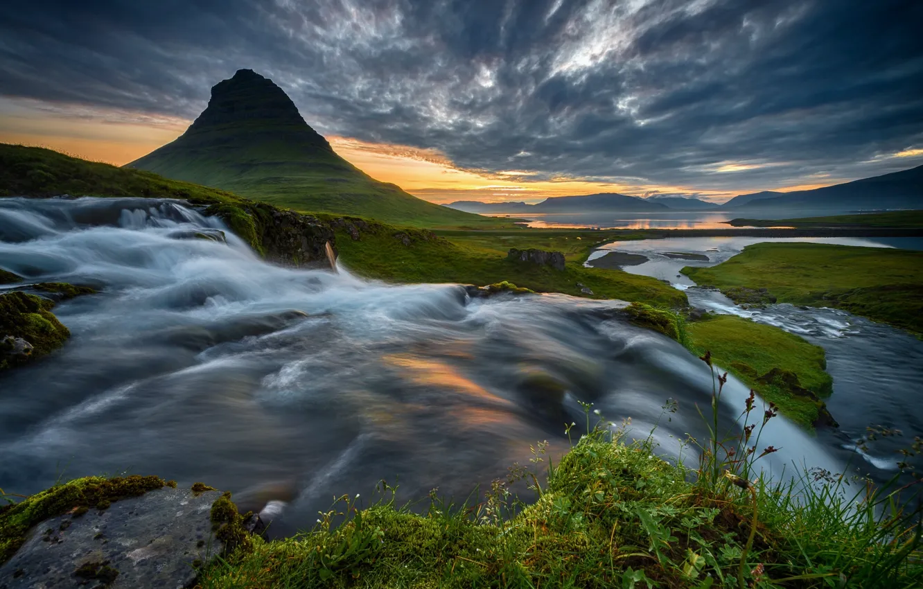 Photo wallpaper summer, river, dawn, mountain, stream, morning, Iceland, Kirkjufell