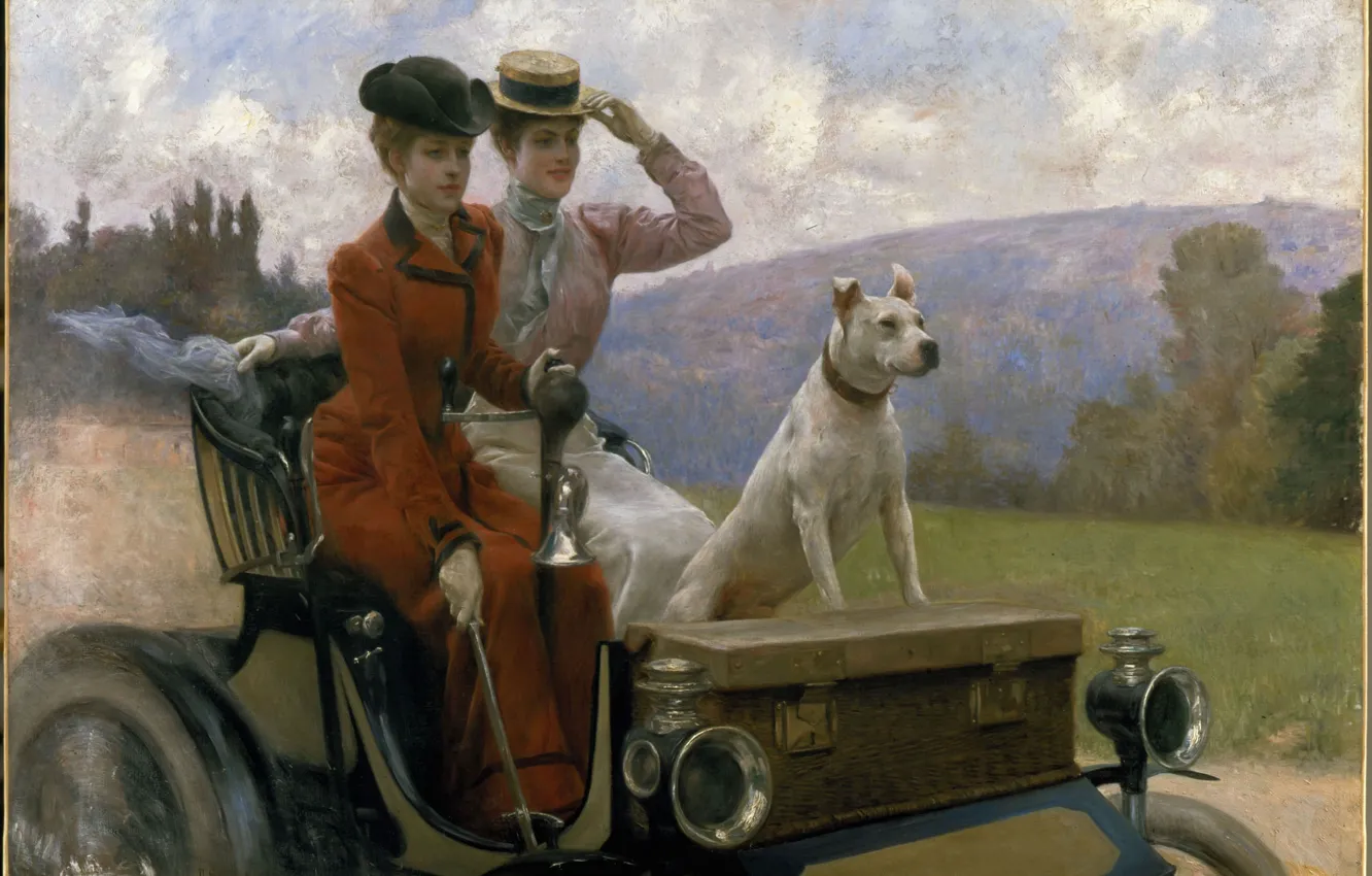 Photo wallpaper women, dog, car, 1901, Julius LeBlanc Stewart, Julius Leblanc Stewart, The Goldsmith Ladies at the …