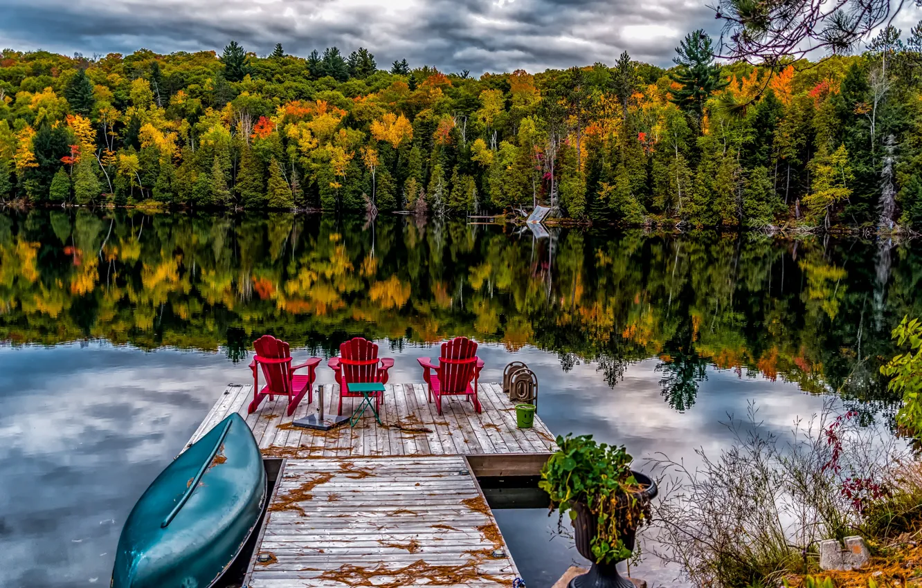 Photo wallpaper autumn, forest, the sky, water, trees, yellow, lake, reflection