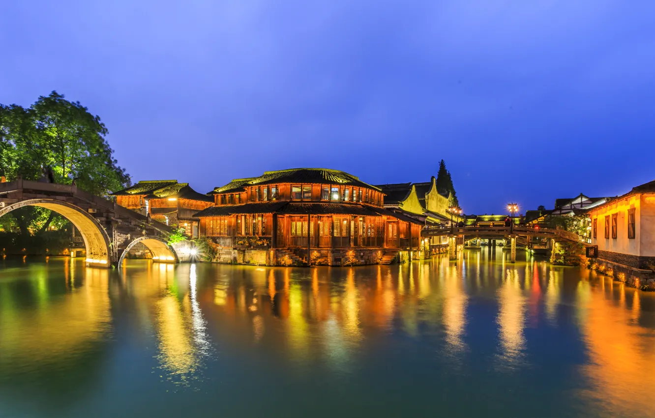 Photo wallpaper night, river, home, village, China