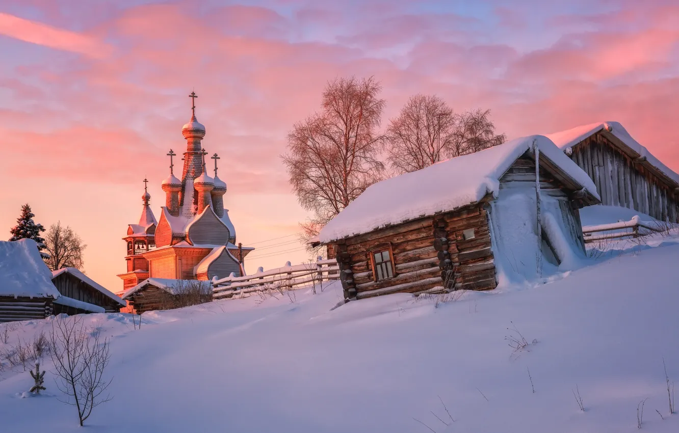 Photo wallpaper winter, snow, landscape, home, morning, village, Church, Maxim Evdokimov