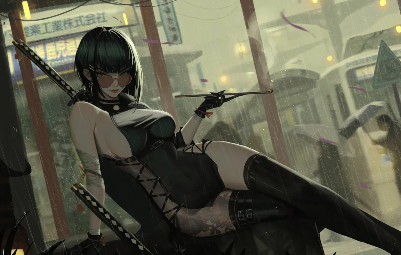 Photo wallpaper girl, fantasy, black, rain, katana, tattoo, samurai, digital art