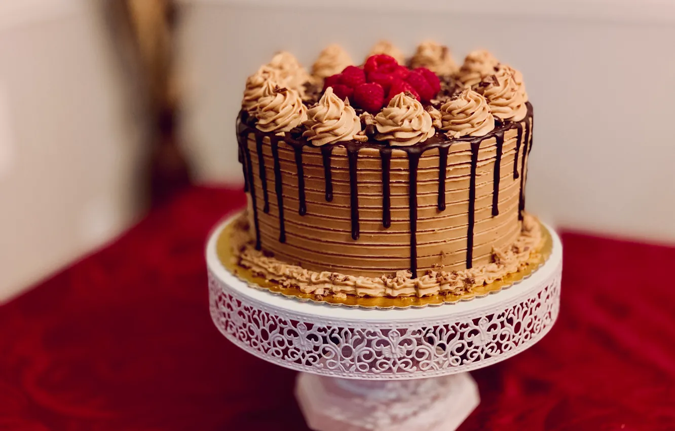 Photo wallpaper raspberry, food, chocolate, cake, cream, sweet