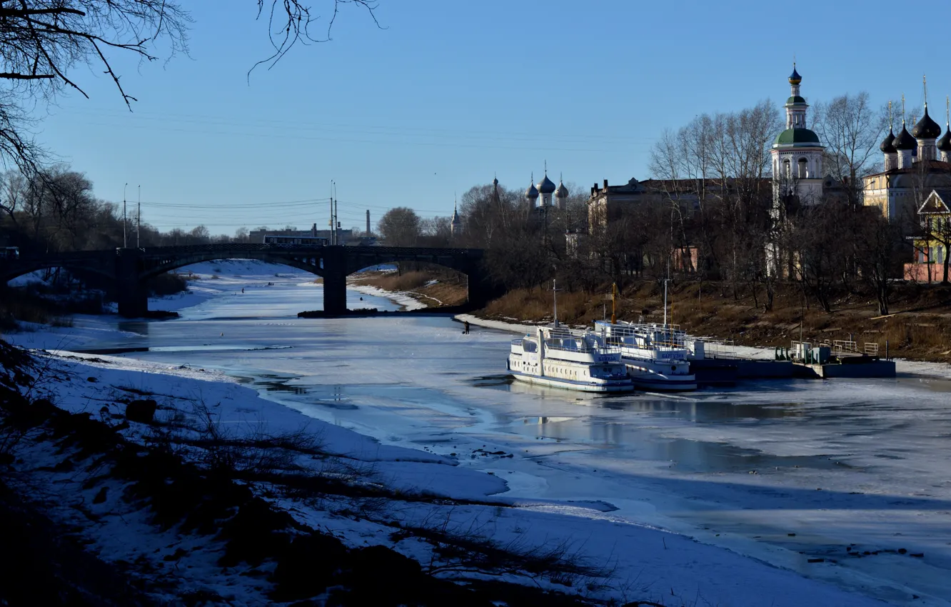 Photo wallpaper river, ship, pier, Vologda