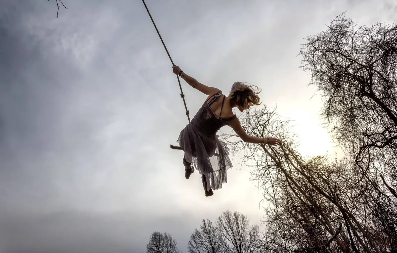 Photo wallpaper the sky, girl, trees, flight, joy, branches, swing, rope