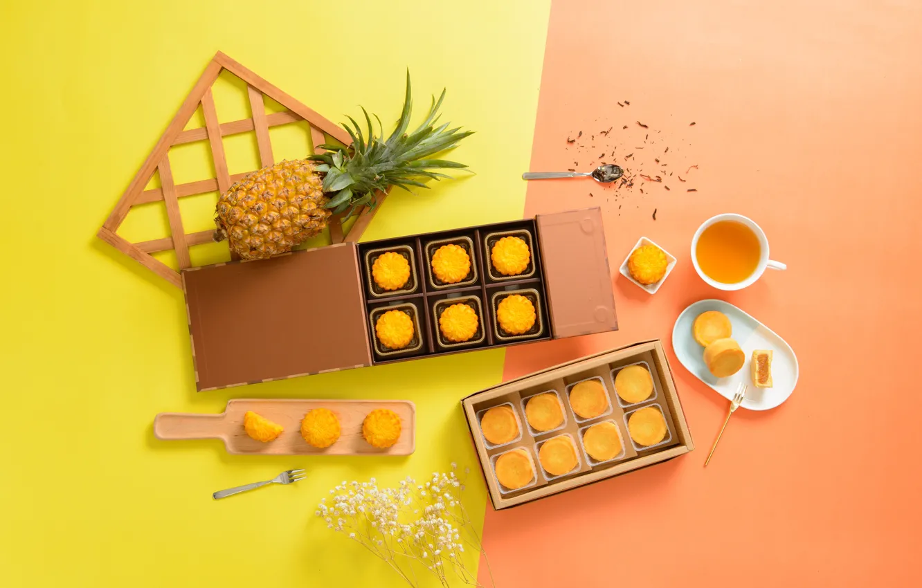 Photo wallpaper tea, cookies, pineapple