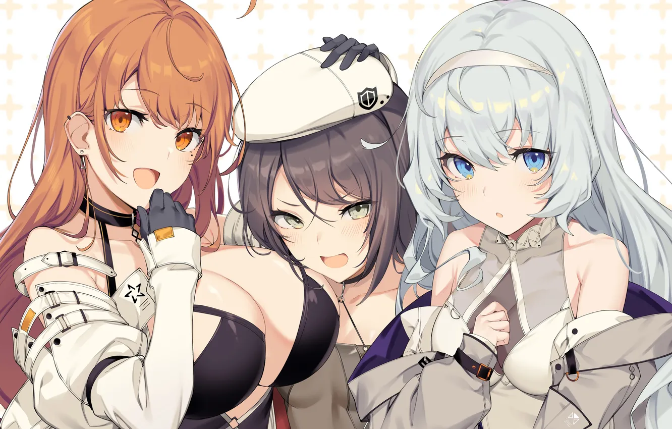 Photo wallpaper sexy, cleavage, blouse, green eyes, long hair, girls, brown hair, boobs