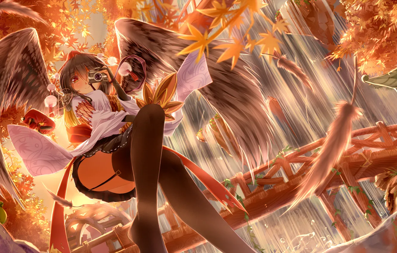 Photo wallpaper leaves, girl, trees, wings, anime, feathers, art, the camera