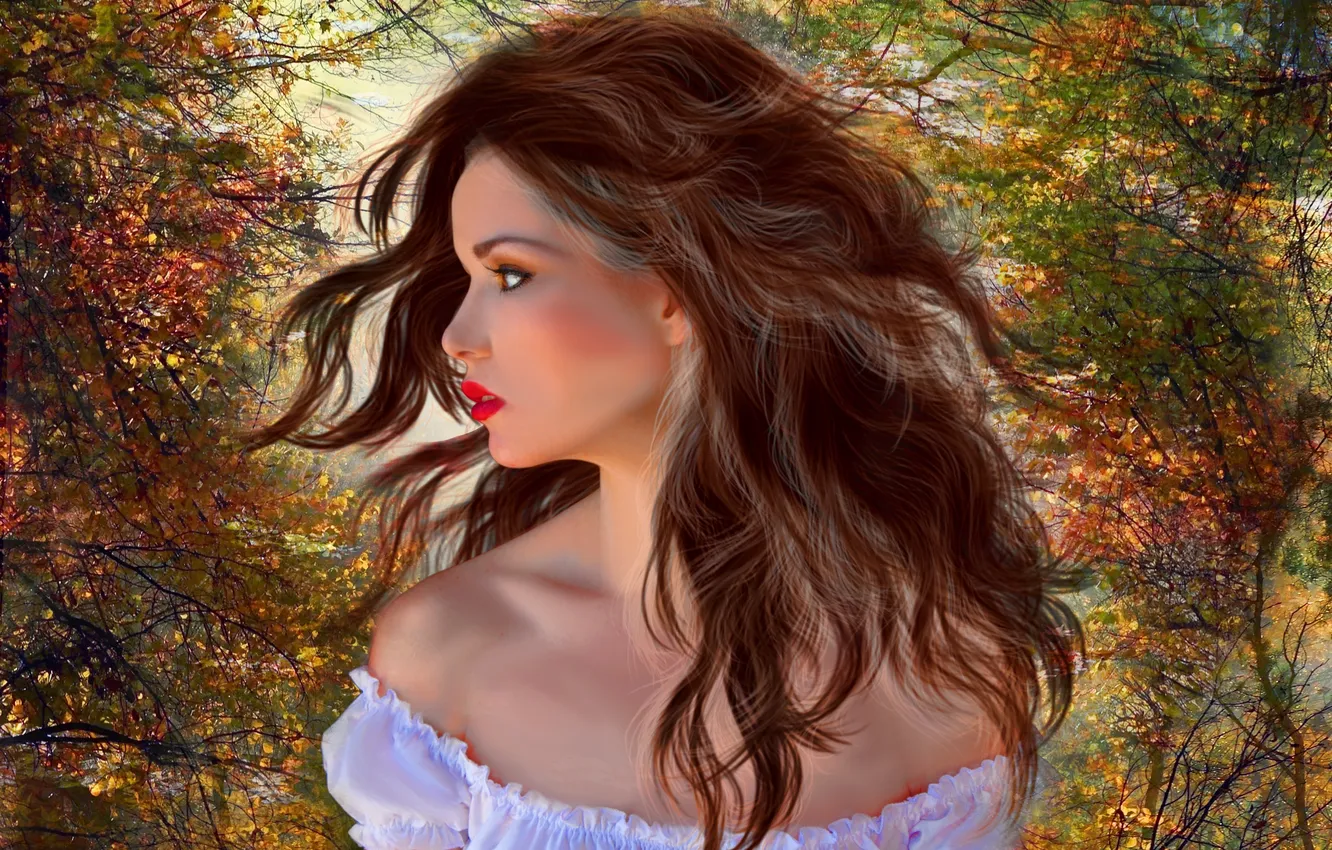 Photo wallpaper autumn, leaves, girl, trees, face, background, hair, makeup