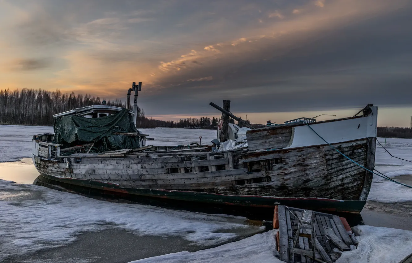 Photo wallpaper landscape, river, ghost ship