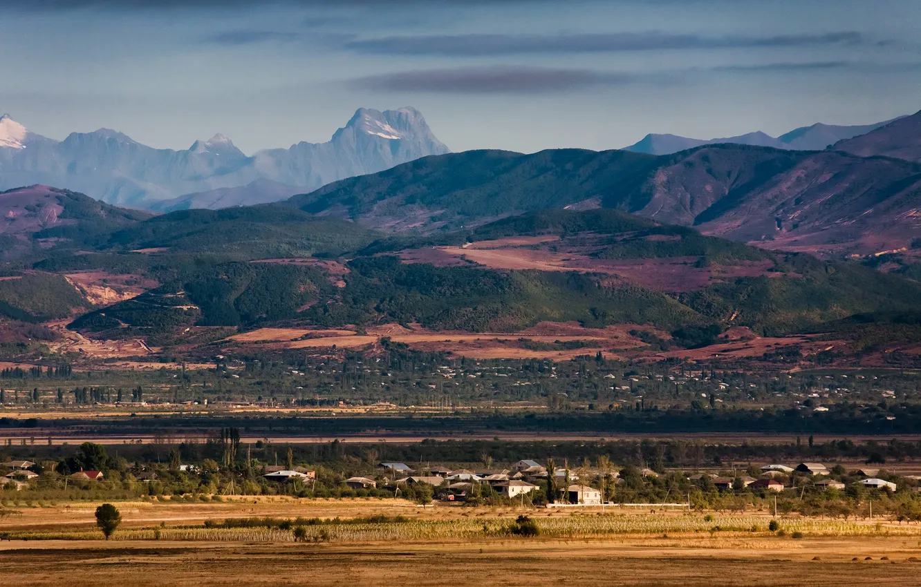 Photo wallpaper field, landscape, mountains, nature, Wallpaper, village, Georgia, wallpapers