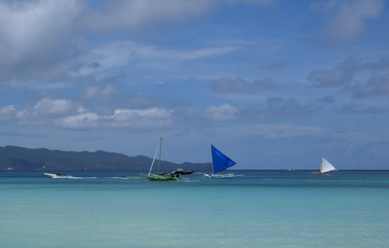 Photo wallpaper sea, the sky, clouds, mountains, boat, sail