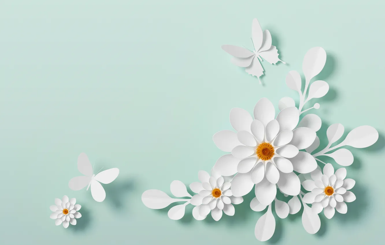 Photo wallpaper flowers, style, paper, background, pattern, butterfly, white