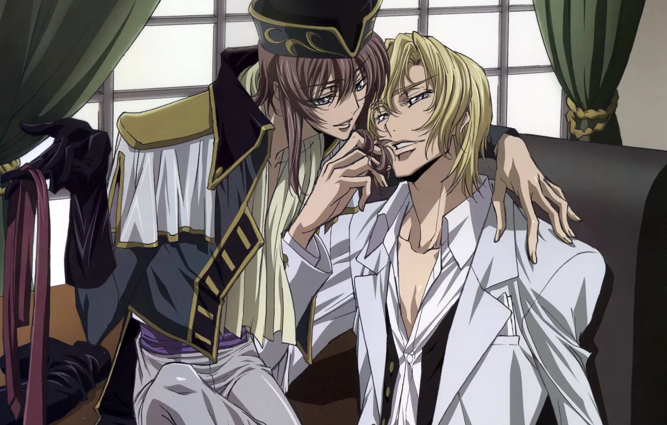 Photo wallpaper military uniform, window, Code Geass, two guys, white shirt, sitting in the chair, Code Geass: …