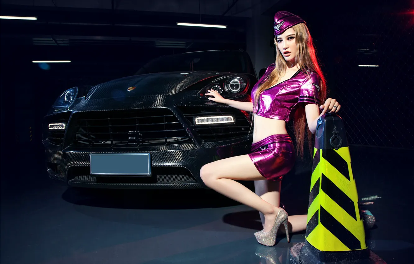 Photo wallpaper auto, look, Girls, Porsche, Asian, beautiful girl, stewardess, posing on the car