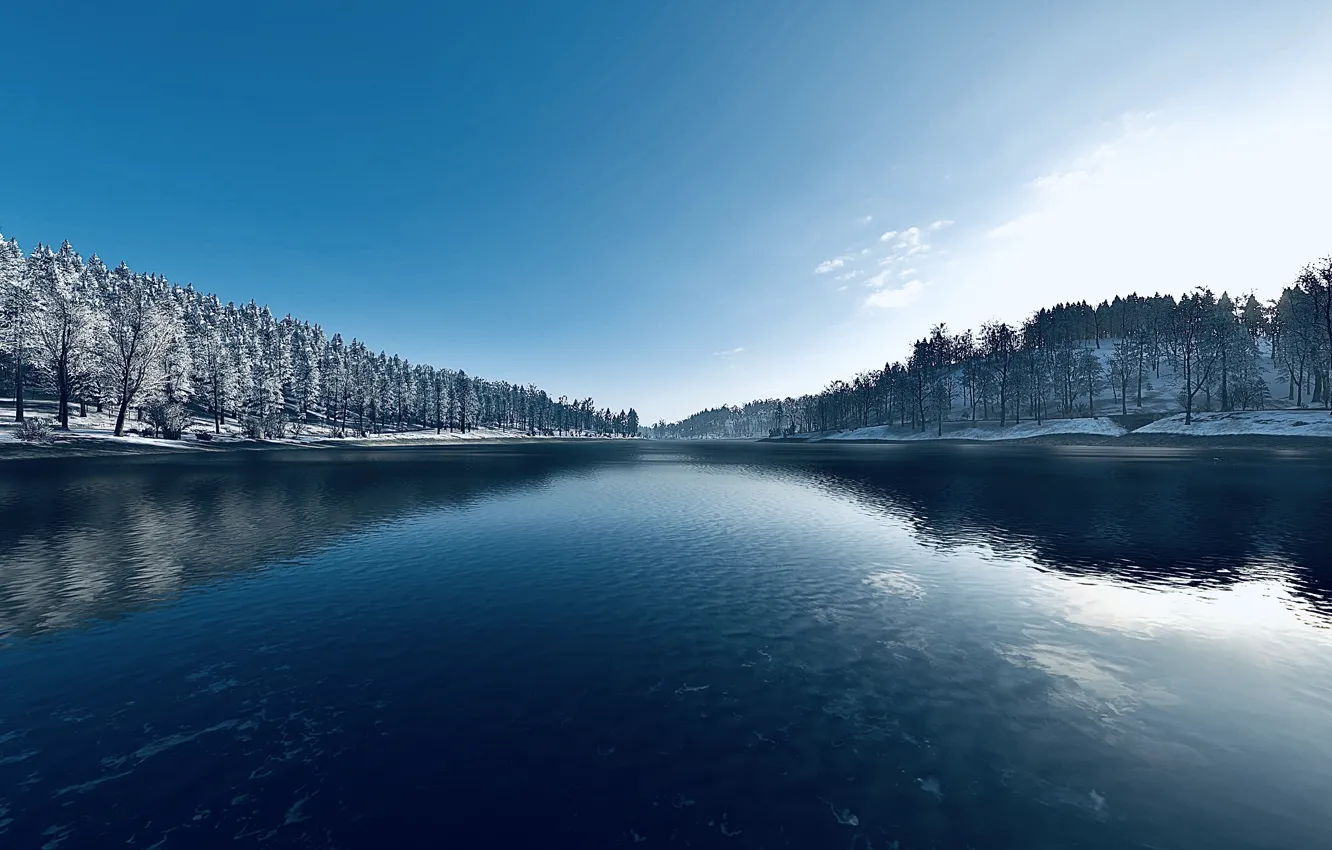 Photo wallpaper HDR, Sky, Wood, Winter, Sun, Snow, Game, Sea