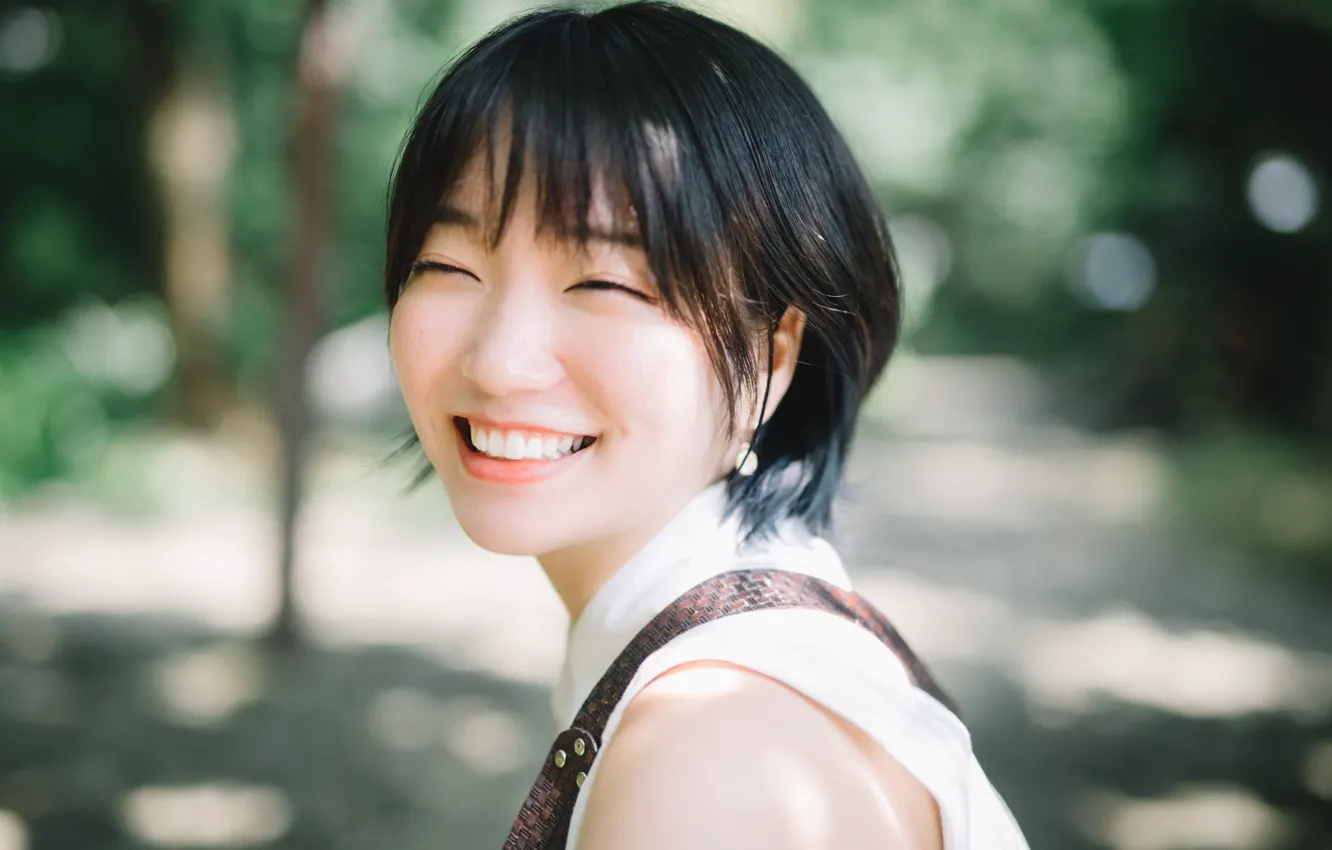 Photo wallpaper girl, woman, eyes, smile, asian, cute, chinese, outdoor