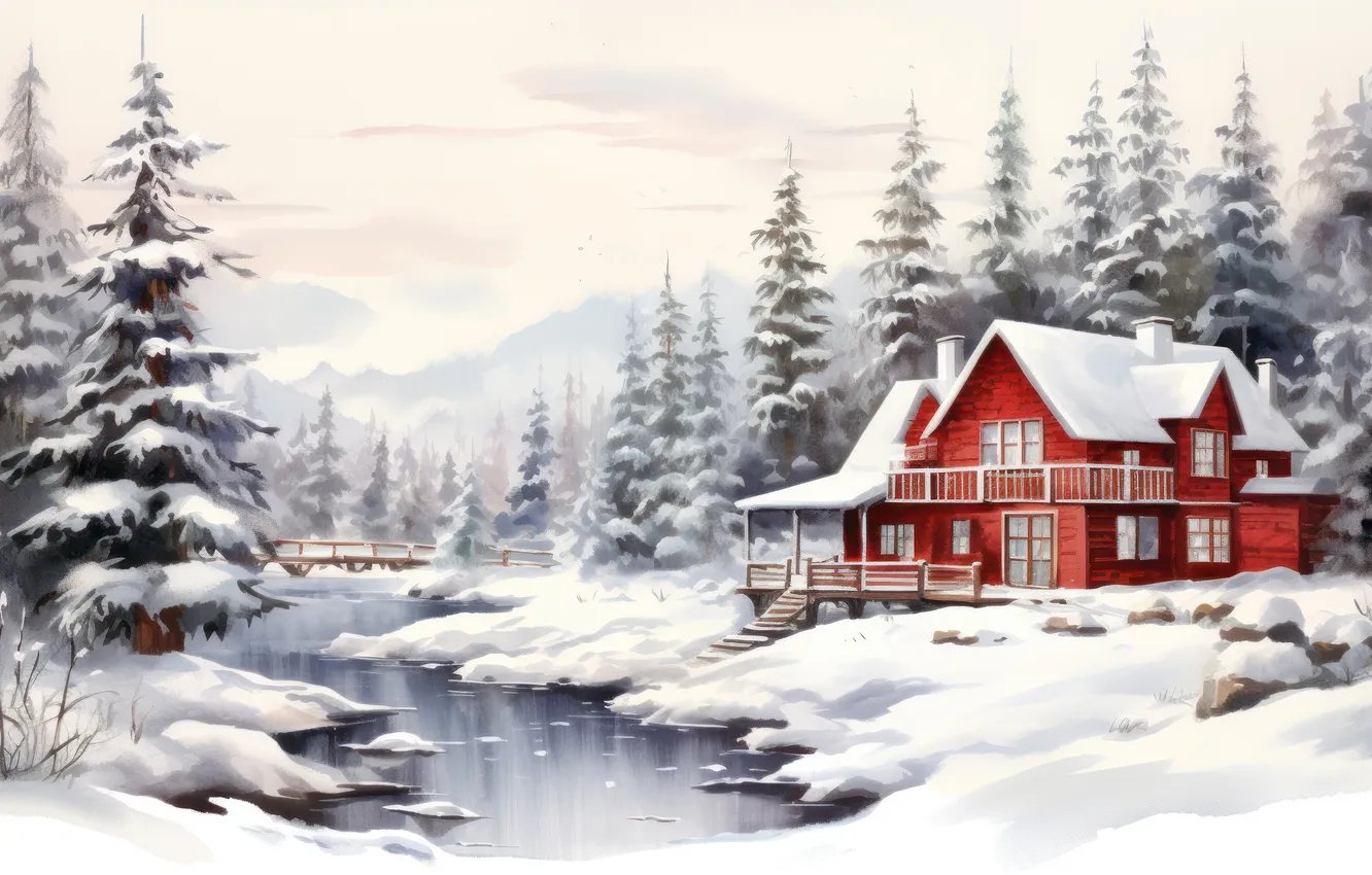 Photo wallpaper winter, frost, forest, clouds, snow, red, fog, house