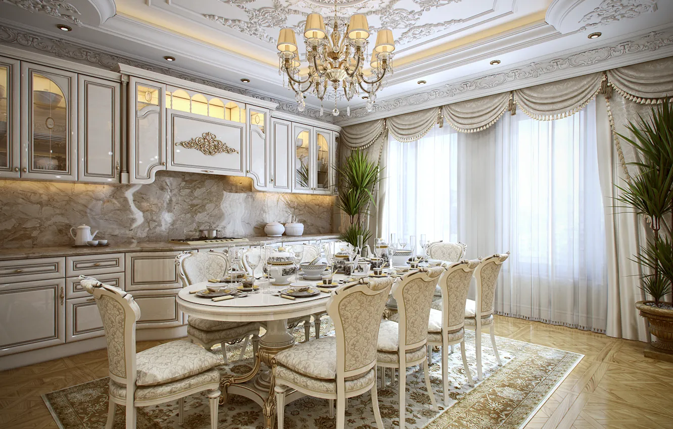 Photo wallpaper flowers, table, furniture, interior, chair, the ceiling, kitchen, chandelier